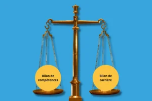 une balance avec d'un côté, le bilan de compétences et de l'autre, le bilan de carrière
