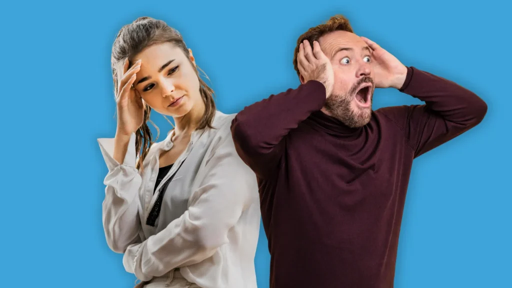 Un homme et une femme victime d'ergophobie se tiennent chacun la tête, l'un en panique l'autre très fatiguée.