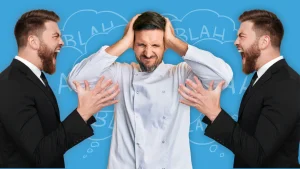 Un homme se couvre les oreilles à cause de son environnement toxique de travail